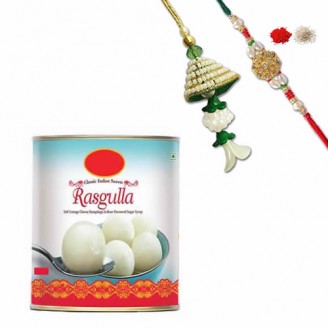 Rasgulla tin pack with bhai, bhabhi rakhi with roli chawal  Rakhi Gifts Delivery Jaipur, Rajasthan